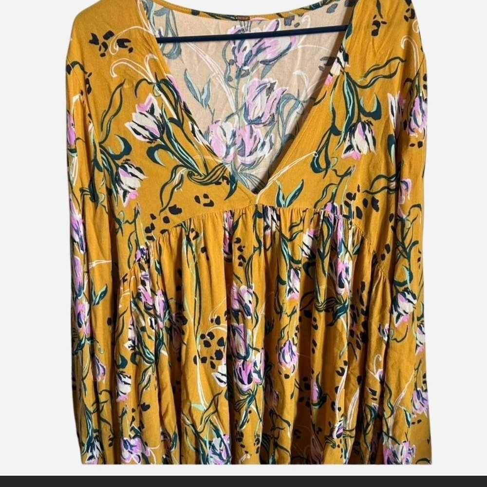 Free People Mustard Floral V-Neck Mini Dress - Picture 3 of 5